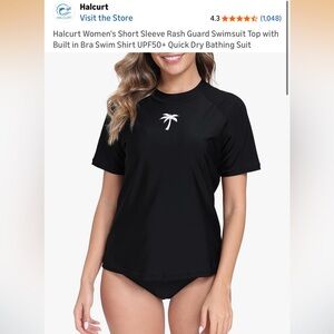 Halcurt Women's Black Rash Guard Swim Top